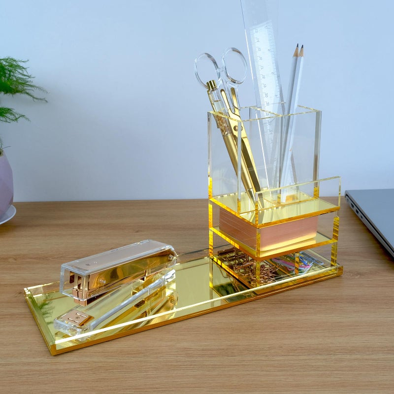 EXPUTRAN Acrylic Desk Organizer 4-Piece Desk Kit + Free Complimentary Acrylic Ruler, Desktop Organization for Office or Home (Gold) - Image 3